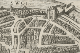 Stadsplattegrond van Zwolle (detail), 1572. Naar Braun en Hogenberg, Civitates orbis terrarum, Koninklijke bibliotheek, Den Haag.