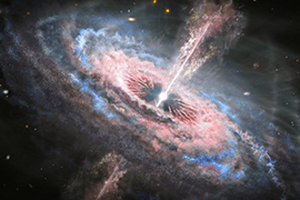 Een interpretatie van een quasar midden in een heelal. Afbeelding: NASA, ESA and J. Olmsted (STScI)