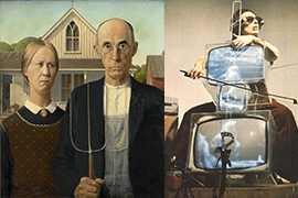 Grant Wood, American Gothic, 1930, Art Institure of Chicago — Nam June Paik, TV-Cello (met Charlotte Moorman), 1971, Walker Art Center, Minneapolis