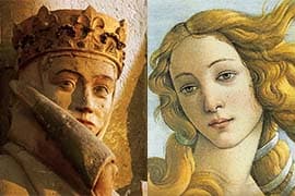 Uta van Ballenstedt, westkoor, Dom van Naumburg, 1249 — Sandro Botticelli, Geboorte van Venus (detail), 1483, Uffizi, Florence