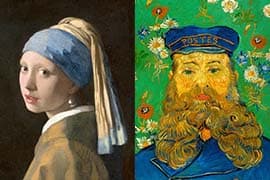 Johannes Vermeer, Meisje met de parel, 1665, Mauritshuis, Den Haag — Vincent van Gogh, Portret van Joseph Roulin, 1889, Kröller Müller Museum, Otterlo