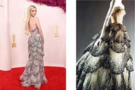 Anya Taylor-Joy in Dior Couture 2024 (Maria Grazia Chiuri), naast de oorspronkelijke Junon jurk uit 1949 van Dior