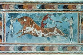 Stierspringen, fresco, ca. 1500-1450 v.C, ca. 120 x 65 cm, Archeologisch Museum, Herakleion
— (reproductie in situ)