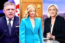 Slowaakse premier Robert Fico, Italiaanse premier Giorgia Meloni en Franse politica Marion Anne Perrine Le Pen