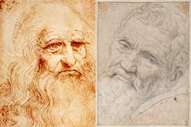 Links: Leonardo da Vinci, zelfportret, ca. 1510-1517. Biblioteca Reale, Turijn. Rechts: Daniele da Volterra, portret van Michelangelo Buonarroti (detail), ca. 1550-1555. Teylers Museum in Haarlem, Nederland.