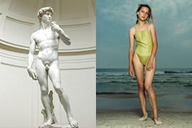 Links: Michelangelo Buonarroti, David, 1501-1504. Rechts: Rineke Dijkstra, Kolobrzeg, Poland, July 26, 1992, Tate Collectie