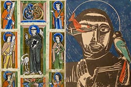 Franciscus preekt voor de vogels, miniatuur in een psalter, maker onbekend, ca. 1230-40, Badische Landesbibliothek, Karlsruhe/Franciscus, Jozef Cantré, 1926, Museum Catharijneconvent, Utrecht,