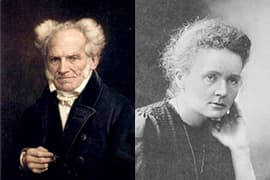 Links: Jules Lunteschütz, Arthur Schopenhauer, 1855. Museumslandschaft Hessen, Kassel. Rechts: Henri Manuel, foto van Marie Curie, 1903.