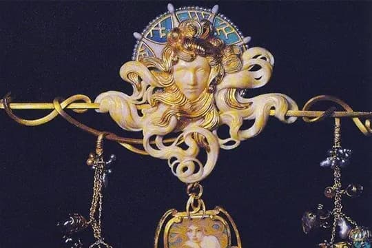 Pectoral jewel made for Sarah Bernhardt designed by Alphonse Mucha and made by Georges Fouquet, about 1900. Enamel, ivory, turquoise.
