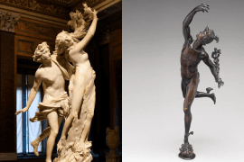 Links: Bernini, Daphne en Apollo, 1622-1625. Galleria Borghese, Rome, Italië. Rechts: Giambologna, Mercurius, 1578-1580. Museo nazionale del Bargello, Florence, Italië.