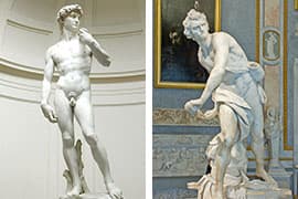 Michelangelo, David, 1504, Calleria dell'Accademia/
— Bernini, David, 1624, Galleria Borghese, Rome