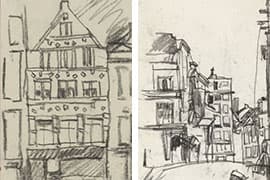 Links: Breitner, Gebouw met tuitgevel, 1908. Rijksmuseum Amsterdam. Rechts: Breitner, De Wolvenstraat, z.j. Rijksmuseum, Amsterdam.
