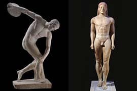 R: Kroisos Kouros, ca. 530 v.C., National Archaeological Museum, Athene. L: The Townley Diskobolos, Romeinse kopie van Grieks bronzen beeld, Marmer, The British Museum, Londen