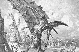Gustave Doré, Illustratie van Don Quichot vecht tegen windmolens, 1863.