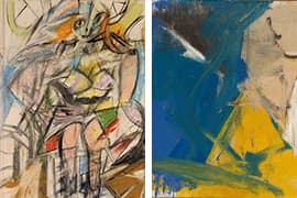L: Willem de Kooning, Woman (Seated Woman I), 1952, Privécollectie/ R: Yellow River, 1958, Whitney Museum of Art, New York © 2026 The Willem de Kooning Foundation/ Artists Rights Society (ARS), New York