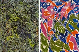 L: Jackson Pollock, Big Dripper, 1947, Stedelijk Museum Amsterdam/ R: Lee Krasner, Bird's Parasol, 1964, MFA, Houston