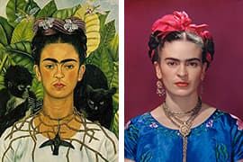 L: Frida_Kahlo, Zelfportret, 1940 Harry Ransom Center, Austin/R: Frida Kahlo in blue satin blouse, 1939. Foto: Nickolas Muray © Nickolas Muray Photo Archives