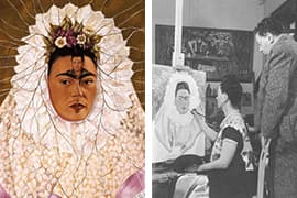 L: Frida Kahlo, Diego on my mind, Self portrait as Tehuana, 1943/R: Bernard_Silberstein, Frida schildert zelfportret, Diego kijkt mee.